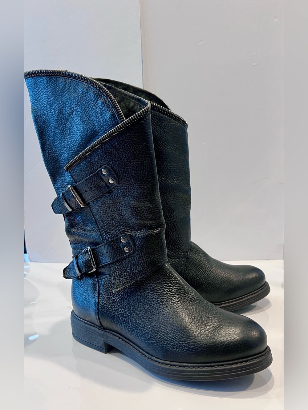 Sheridan/Mia Black Mid-Calf Leather Zippered Buckle Boots - Women